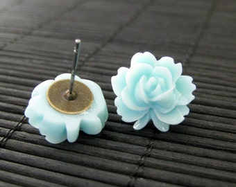 Lotus Flower Earrings in Aqua Blue and Bronze Post Earrings. Flower Jewelry by StumblingOnSainthood. Handmade Jewelry.