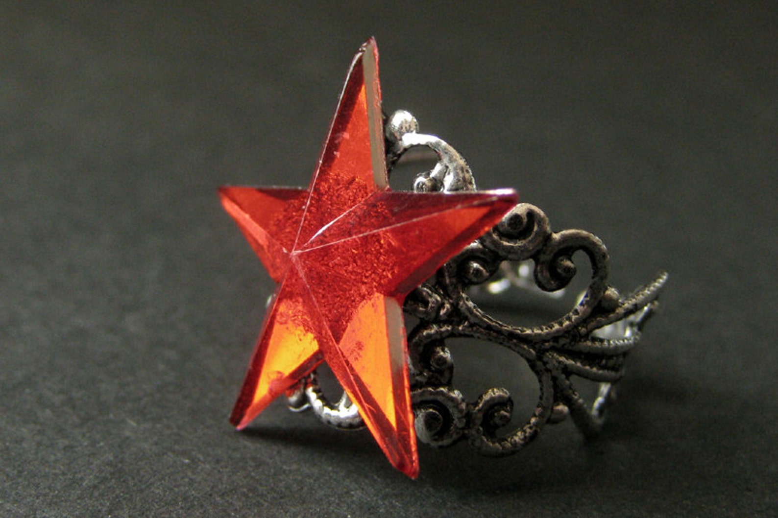 Star Ring. Red Ring. Red Star Ring. Silver Filigree Ring. Adjustable ...