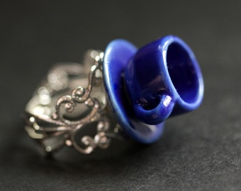 Cobalt Blue Teacup Ring. China Cup Ring. Miniature Tea Cup Ring. Royal Blue Ring. Silver Filigree Ring. Adjustable Ring. Handmade Ring.