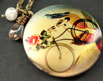 Bicycle Locket Necklace. Bicycle Necklace. Garden Necklace. Bronze Locket with Glass Teardrop and Pearl. Bronze Necklace. Handmade Jewelry.