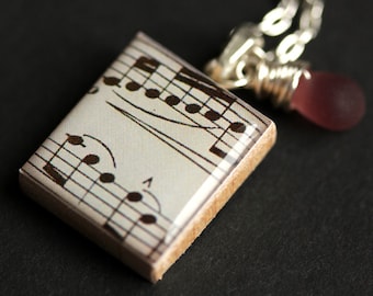 Sheet Music Necklace. Music Lover Necklace. Symphony Necklace. Scrabble Tile Pendant. Charm Necklace with Glass Teardrop. Handmade Jewelry.