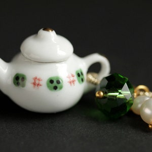 Porcelain Teapot Necklace. Green and Red Tea Pot Necklace with Green Crystal and Pearl Charms. Green Necklace. Gold Necklace.