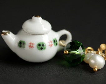 Porcelain Teapot Necklace. Green and Red Tea Pot Necklace with Green Crystal and Pearl Charms. Green Necklace. Gold Necklace.