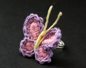 Crochet Butterfly Ring in Lavender, Pink and Yellow. Silver Adjustable Ring. Handmade Jewelry.