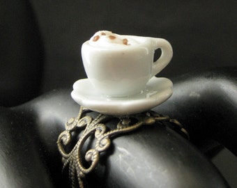 Latte Ring. Cappuccino Ring. White Teacup Ring with Steamed Cream Topping. Bronze Adjustable Ring. Handmade Jewelry.