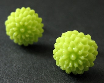 Lime Green Mini Mum Earrings. Lime Green Earrings. Bronze Stud Earrings. Lime Green Flower Earrings. Post Earrings. Handmade Jewelry.