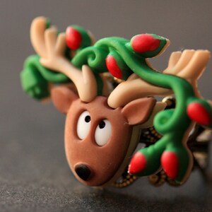 Santa&#39;s Reindeer Ring. Holiday Ring. Deer Ring. Christmas Ring. Holiday Jewelry. Adjustable Ring. Bronze Ring. Christmas Jewelry.