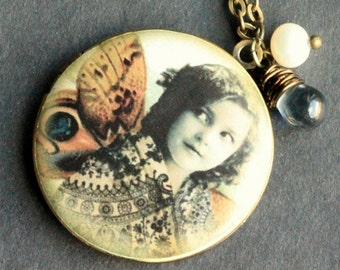 Fairy Locket Necklace. Vintage Print Necklace with Dusk Blue Teardrop and Fresh Water Pearl. Heron Necklace. Handmade Jewelry.