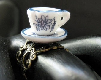 Blue China Teacup Ring. Porcelain Tea Cup Ring with Bronze Filigree Adjustable Ring. Handmade Jewelry.