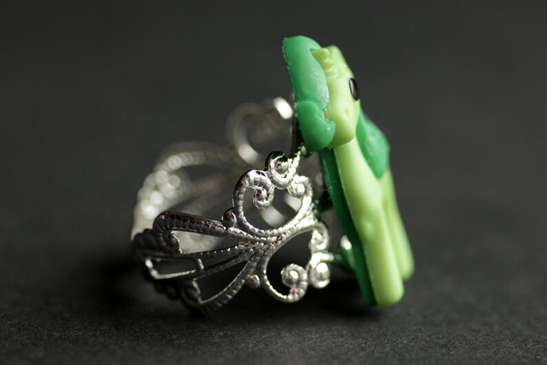 Green Pony Ring. Unicorn Ring. Green Horse Ring. Green Ring. Adjustable Ring. Handmade Ring. Button Ring. Silver Ring. Handmade Jewelry. image 4