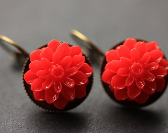 Red Dahlia Flower Earrings. French Hook Earrings. Red Flower Earrings. Lever Back Earrings. Handmade Jewelry.