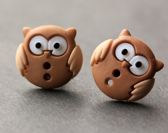 Owl Earrings. Reddish Brown and Tan Owl Button Earrings. Owl Jewelry. Owl Stud Earrings. Bird Earrings. Owl Post Earrings. Handmade Jewelry.