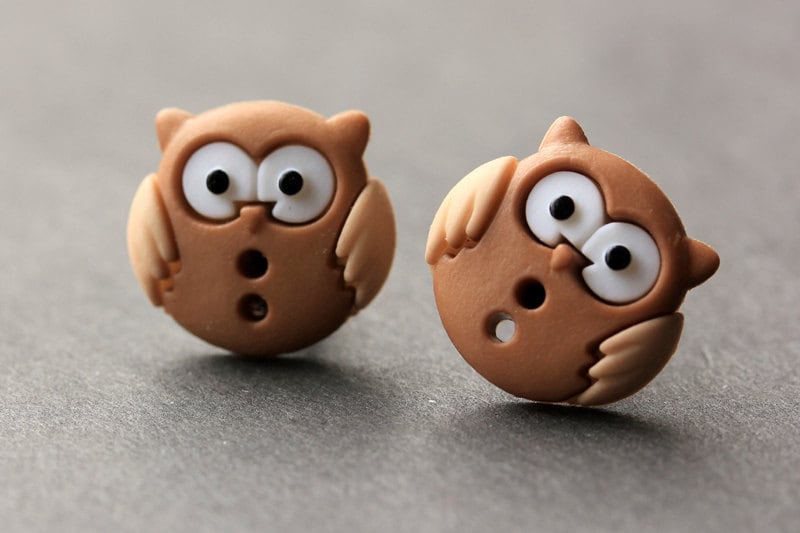 Owl Earrings. Reddish Brown and Tan Owl Button Earrings. Owl Jewelry. Owl Stud Earrings. Bird Earrin