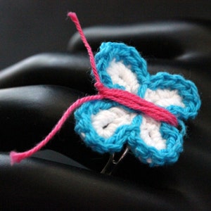 Crochet Butterfly Ring in Blue, White and Fuchsia . Silver Adjustable Ring. Handmade Jewelry. image 2