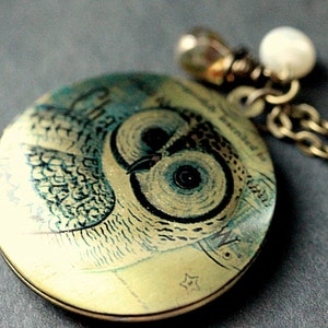 Owl Necklace. Bronze Owl Locket Necklace with Glass Teardrop and Fresh Water Pearl. Handmade Jewelry.