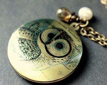 Owl Necklace. Bronze Owl Locket Necklace with Glass Teardrop and Fresh Water Pearl. Handmade Jewelry.
