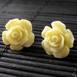 Light Yellow Flower Earrings. Gardenia Flower Earrings with Bronze Stud Earrings.. Handmade Jewelry. image 1