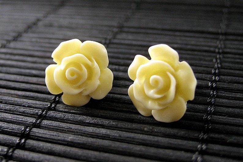 Light Yellow Flower Earrings. Gardenia Flower Earrings with Bronze Stud Earrings.. Handmade Jewelry. image 1