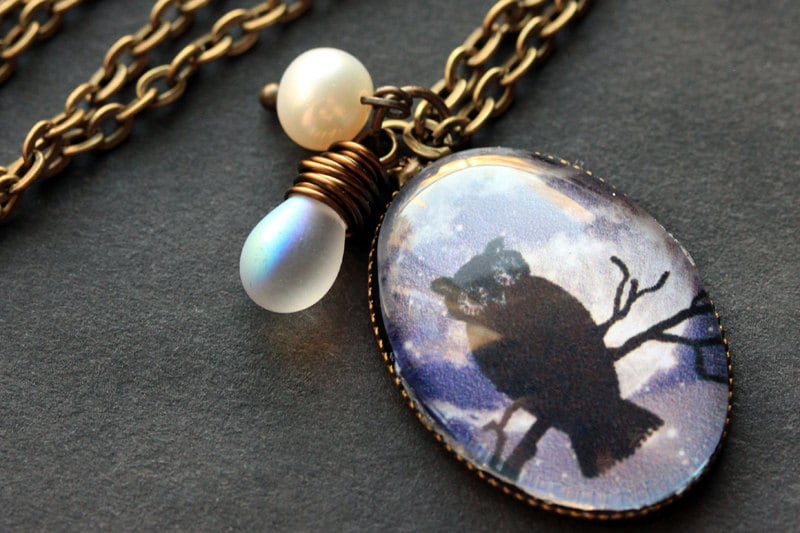 Hoot Owl Necklace. Owl Pendant with Frosted Glass Teardrop and Fresh Water Pearl. Oval Charm Necklac