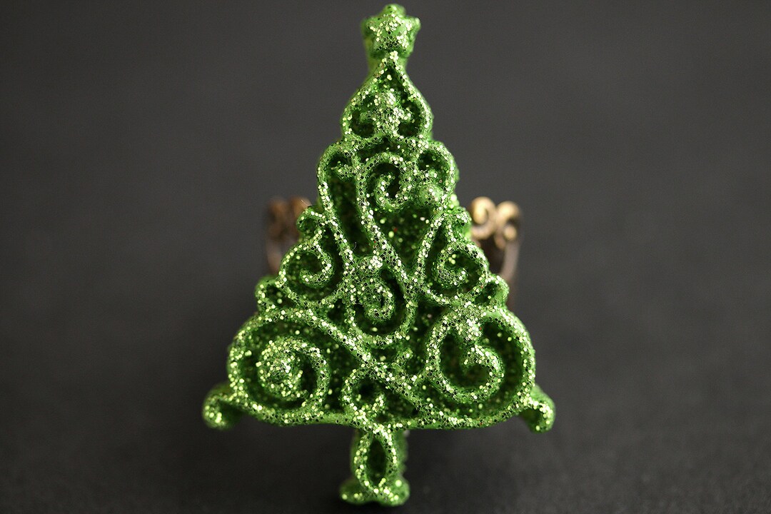 Fretwork Christmas Tree Ring. Holiday Ring. Yule Tree Ring. Green