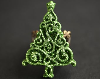 Fretwork Christmas Tree Ring. Holiday Ring. Yule Tree Ring. Green Christmas Ring. Bronze Ring. Filigree Adjustable Ring. Handmade Jewelry.