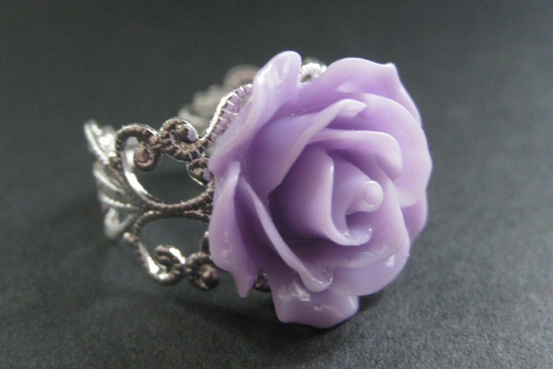 Purple Rose Ring. Purple Flower Ring. Filigree Ring. Adjustable Ring