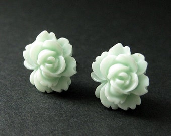 Lotus Flower Earrings in Pale Aqua and Silver Earring Studs. Flower Jewelry. Handmade Jewelry.