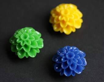 Mum Flower Fridge Magnets. Set of Three in Royal Blue, Yellow, and Lime. Floral Refrigerator Magnets. Office Magnets. Handmade Home Decor.