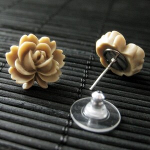 Taupe Lotus Rose Earrings with Silver Stud Earrings. Flower Jewelry by StumblingOnSainthood. Handmade Jewelry. image 2