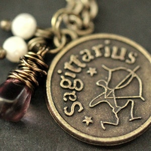 Sagittarius Astrology Necklace. Zodiac Necklace with Glass Teardrop and Fresh Water Pearl. Sagittarius Horoscope Necklace. Handmade Jewelry.