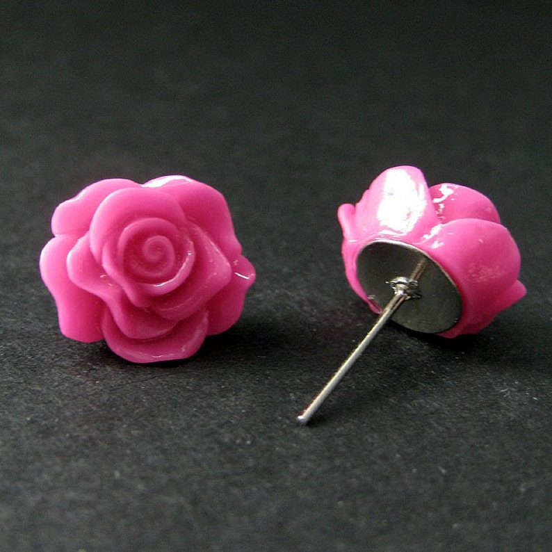 Hot Pink Rose Earrings. Silver Stud Earrings. Flower Earrings. | Etsy