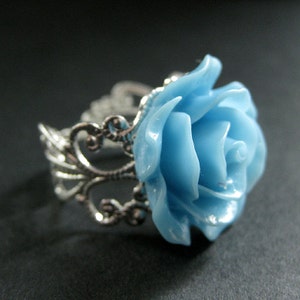 Baby Blue Rose Ring. Sky Blue Flower Ring. Filigree Adjustable Ring. Flower Jewelry. Handmade Jewelry. image 3