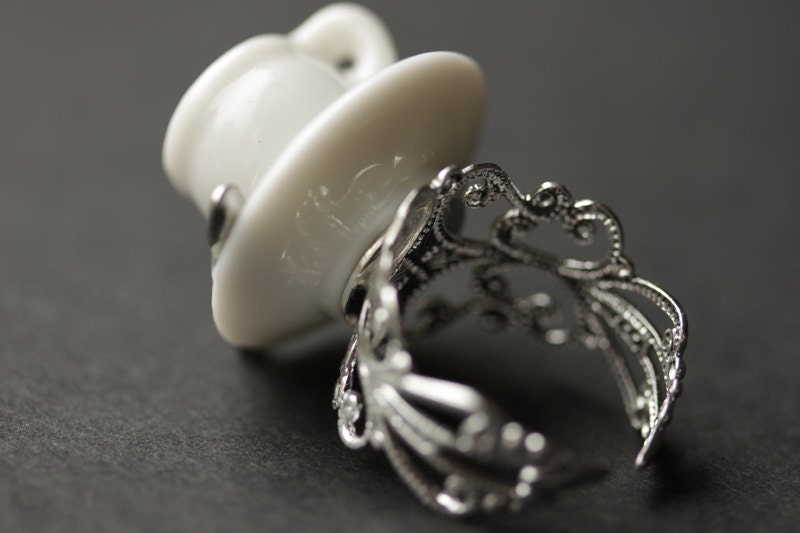 Coffee Cup Ring. Coffee Ring. White Teacup Ring With Coffee Etsy