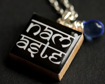 Namaste Necklace. Yoga Necklace. Meditation Necklace. Scrabble Tile Pendant. Charm Necklace with Glass Teardrop. Handmade Jewelry.