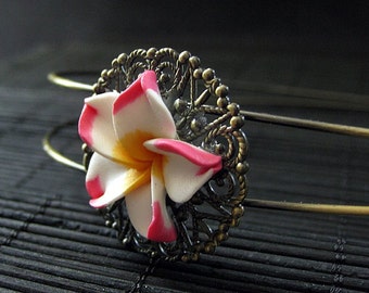 Plumaria Flower Hair Band. Frangipani Hair Accessory. Floral Headband. Filigree Hair Band. Bronze Hair Band. Polymer Clay Flower Headband.