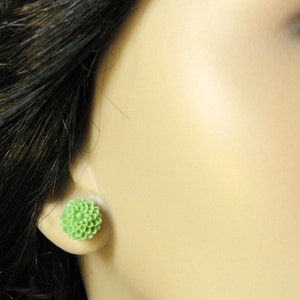 Pistachio Green Mini Mum Earrings. Green Earrings. Silver Post Earrings. Green Flower Earrings. Stud Earrings. Handmade Jewelry. image 5