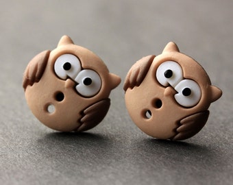 Owl Earrings. Tan and Brown Owl Button Earrings. Owl Jewelry. Owl Stud Earrings. Bird Earrings. Owl Post Earrings. Handmade Jewelry.