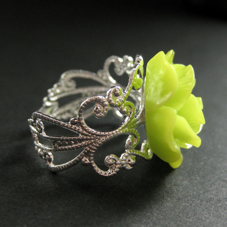 Lime Green Rose Ring. Lime Flower Ring. Filigree Adjustable Ring. Flower Jewelry. Handmade Jewelry. image 2