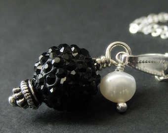 Black Rhinestone Necklace. Black Necklace. Kissing Ball Necklace with Fresh Water Pearl. Handmade Jewelry.