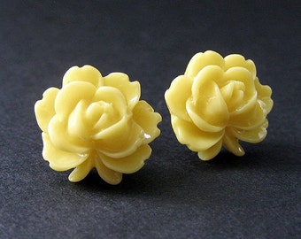 Yellow Lotus Flower Earrings with Bronze Earring Posts. Flower Jewelry. Handmade Jewelry.