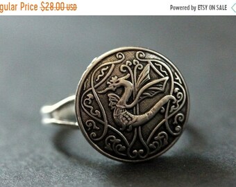 VALENTINE SALE Celtic Dragon Ring. Celtic Knot Button Ring. Silver Button Ring. Adjustable Ring. Handmade Jewelry.