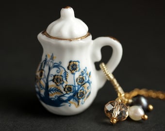 Flower Teapot Necklace. Navy Blue & Yellow Porcelain Tea Pot Necklace with Yellow Crystal and Pearl Charms. Gold Necklace. Handmade Jewelry.