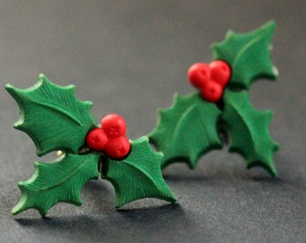 Christmas Holly Earrings. Holiday Earrings. Christmas Earrings. Post Earrings. Stud Earrings. Handmade Jewelry.