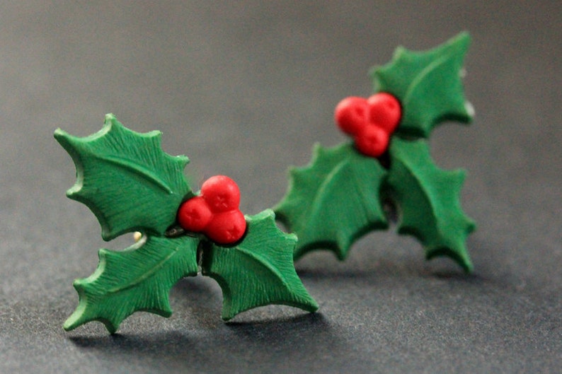 Christmas Holly Earrings. Holiday Earrings. Christmas Earrings. Post Earrings. Stud Earrings. Handmade Jewelry. image 1