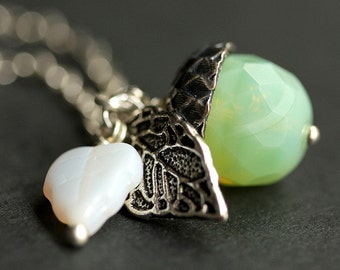 Acorn Necklace. Arctic Mint Crystal Necklace. Mint Green Acorn Pendant. Silver Acorn Charm Necklace. Mint Acorn Jewelry.