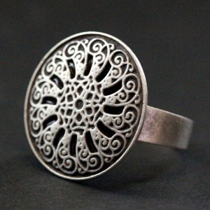 Universe Mandala Button Ring. Silver Button Ring. Silver Ring. Aged Silver Adjustable Ring. Handmade Jewelry. image 1