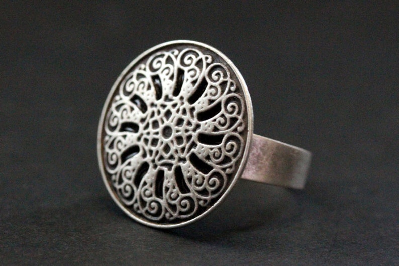 Universe Mandala Button Ring. Silver Button Ring. Silver Ring. Aged Silver Adjustable Ring. Handmade Jewelry. image 1