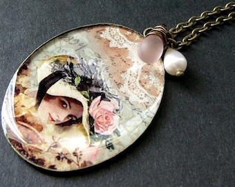 Bonny Lass Charm Necklace with Wire Wrapped Frosted Pink Teardrop and Pearl. Handmade Jewelry.