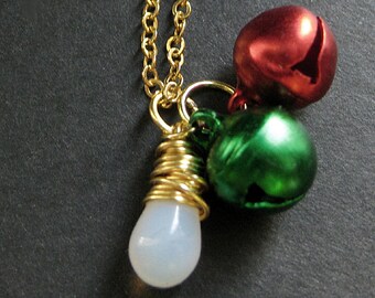 Holiday Bells Necklace. Christmas Necklace. Red and Green Holiday Necklace. Gold Necklace. Handmade Jewelry.
