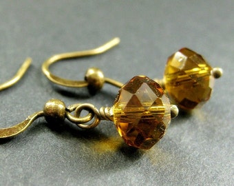 Honey Crystal Dangle Earrings. Topaz Glass Crystal Earrings. Bronze Earrings. Handmade Jewelry.